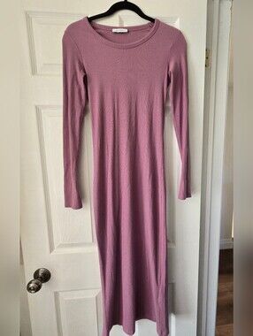Ninety Percent Bodycon Midi Rib-Knit Long Sleeve Dress - Mauve, XS